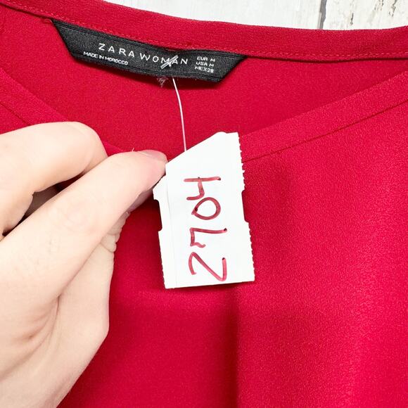 Zara Shirt Women Size Medium Red Boat Neck Bell Long Sleeve Peplum Blouse Preppy - Picture 3 of 5
